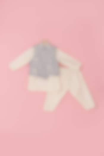 Powder Blue Cotton Thread Embroidered Asymmetrical Jacket Set For Boys by Laado