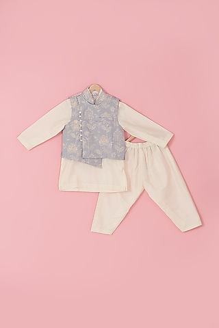 Powder Blue Cotton Thread Embroidered Asymmetrical Jacket Set For Boys by Laado