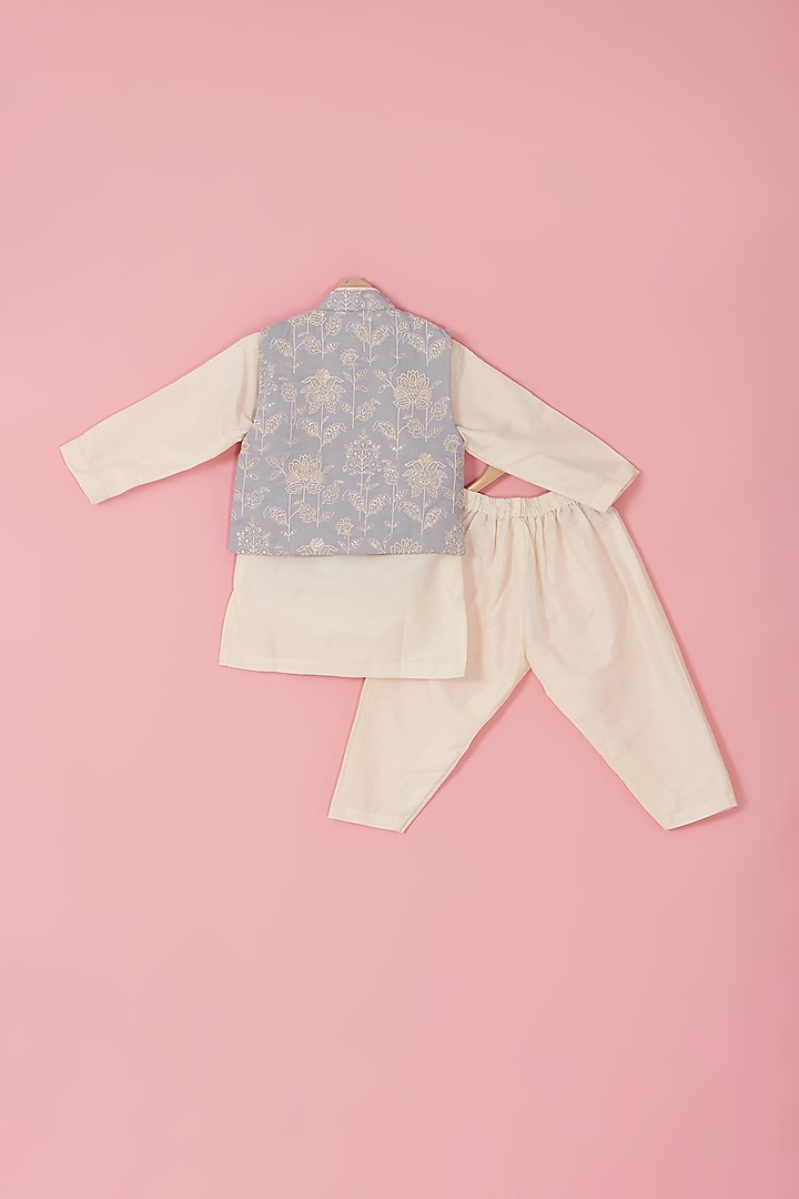 Powder Blue Cotton Thread Embroidered Asymmetrical Jacket Set For Boys by Laado at Pernia's Pop Up Shop