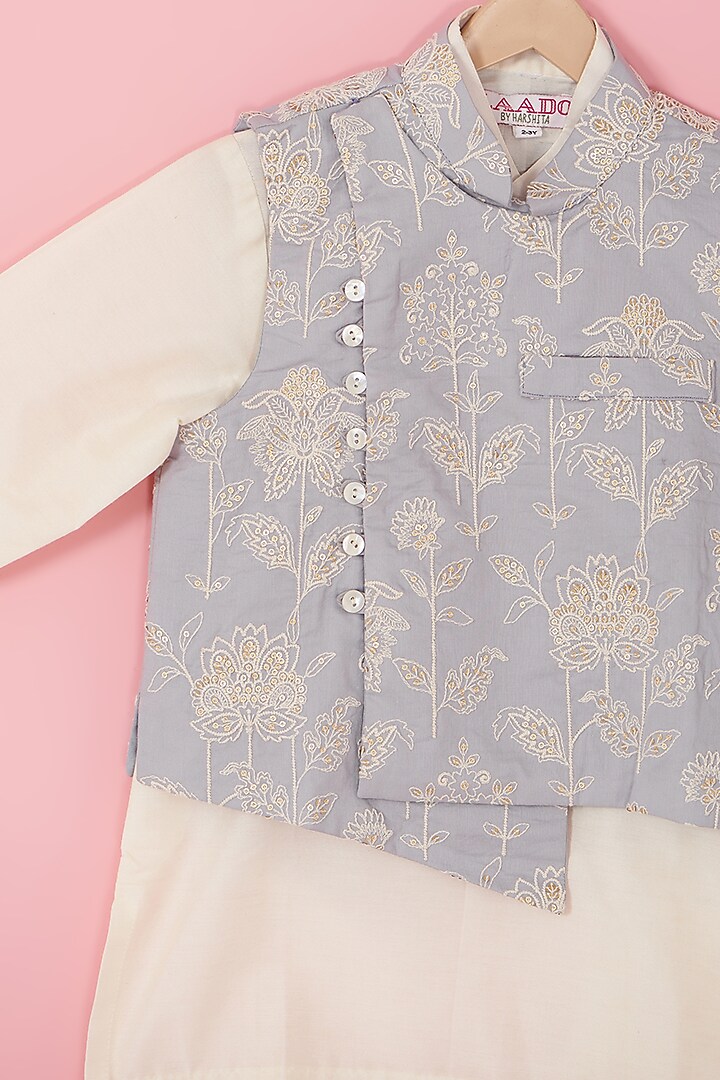 Powder Blue Cotton Thread Embroidered Asymmetrical Jacket Set For Boys by Laado at Pernia's Pop Up Shop