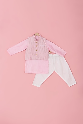 Baby Pink Chanderi Silk Nehru Jacket Set For Boys by Laado