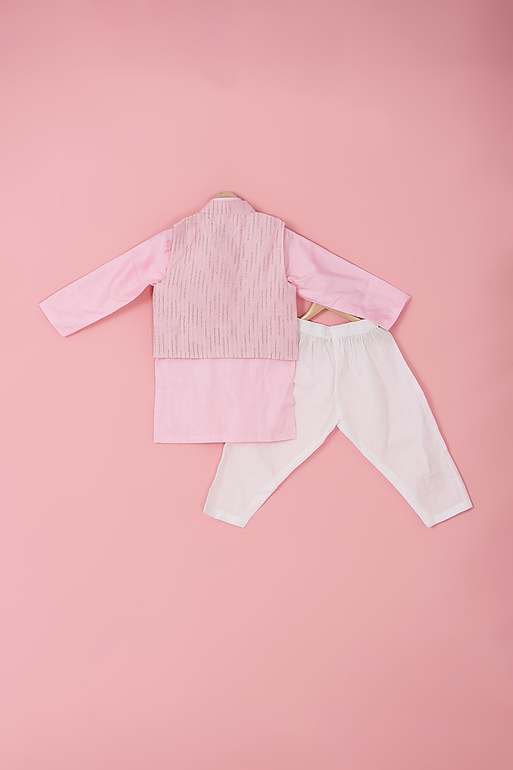 Baby Pink Chanderi Silk Nehru Jacket Set For Boys by Laado at Pernia's Pop Up Shop