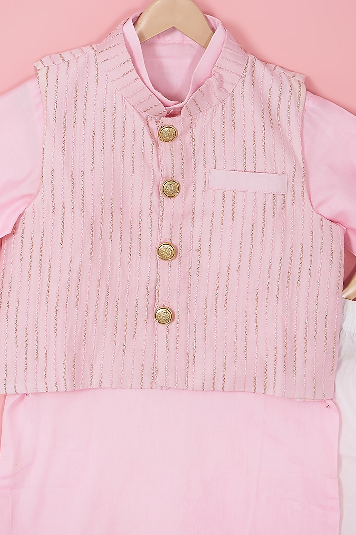 Baby Pink Chanderi Silk Nehru Jacket Set For Boys by Laado at Pernia's Pop Up Shop