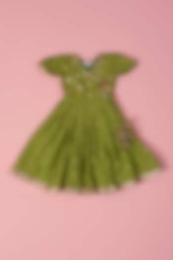 Green Printed Banarasi Angrakha Dress For Girls by Laado