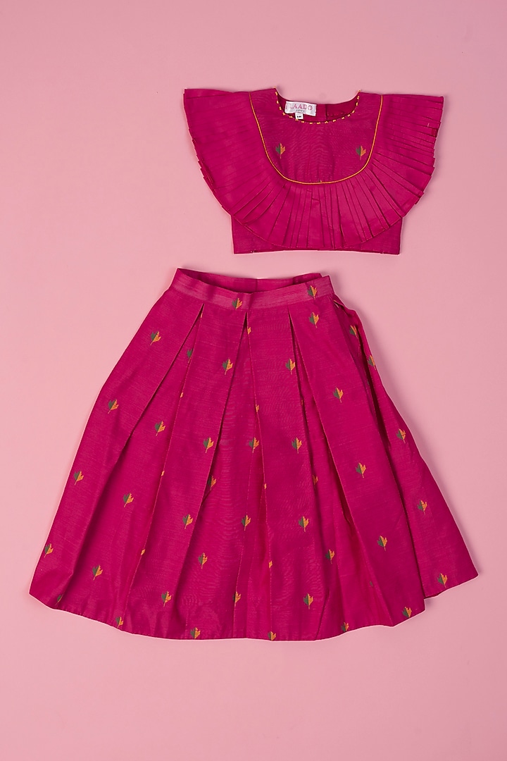 Magenta Pink Cotton Silk Skirt Set For Girls by Laado