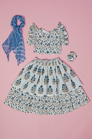 White & Blue Cotton Floral Printed Lehenga Set For Girls by Laado