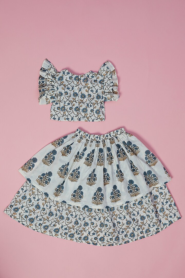 White & Blue Cotton Floral Printed Lehenga Set For Girls by Laado at Pernia's Pop Up Shop