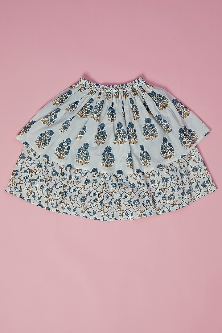 White & Blue Cotton Floral Printed Lehenga Set For Girls by Laado at Pernia's Pop Up Shop