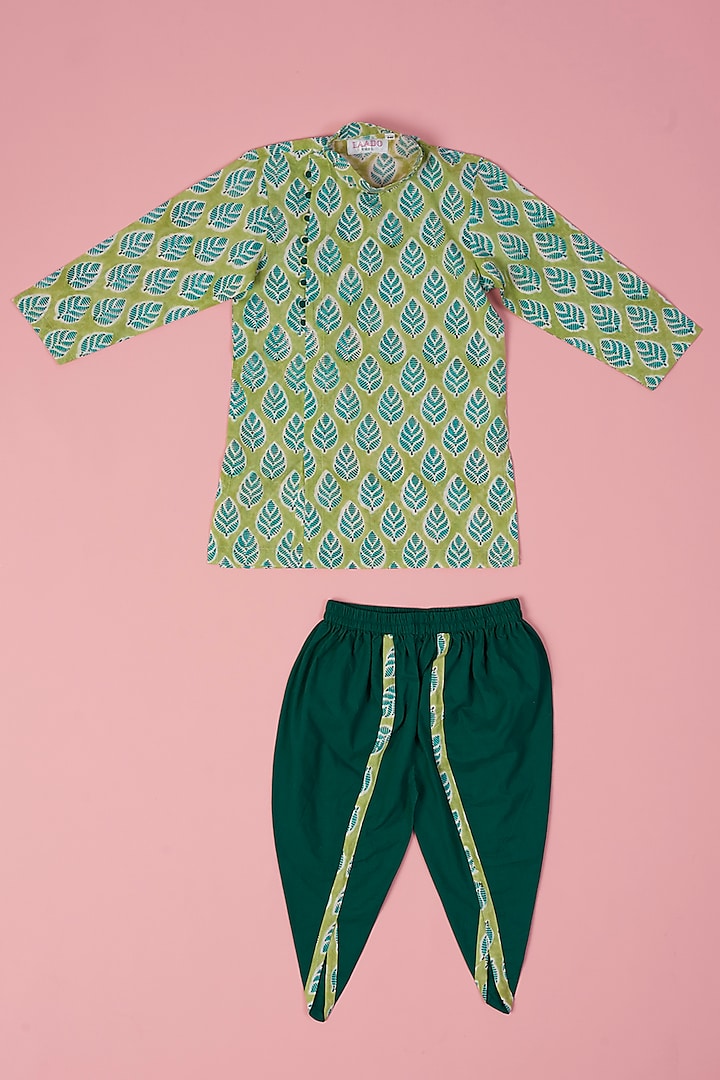 Green Cotton Printed Kurta Set For Boys by Laado