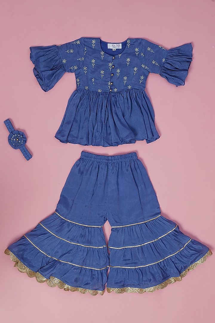 Blue Embroidered Sharara Set For Girls by Laado