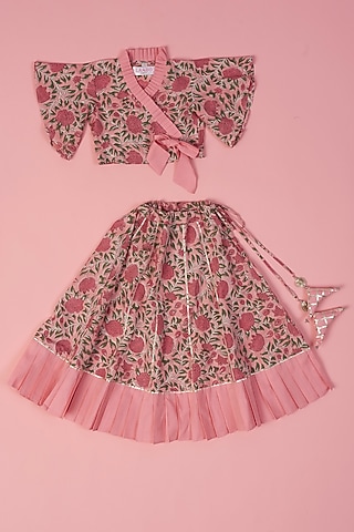 Pink Cotton Hand Block Printed Skirt Set For Girls by Laado