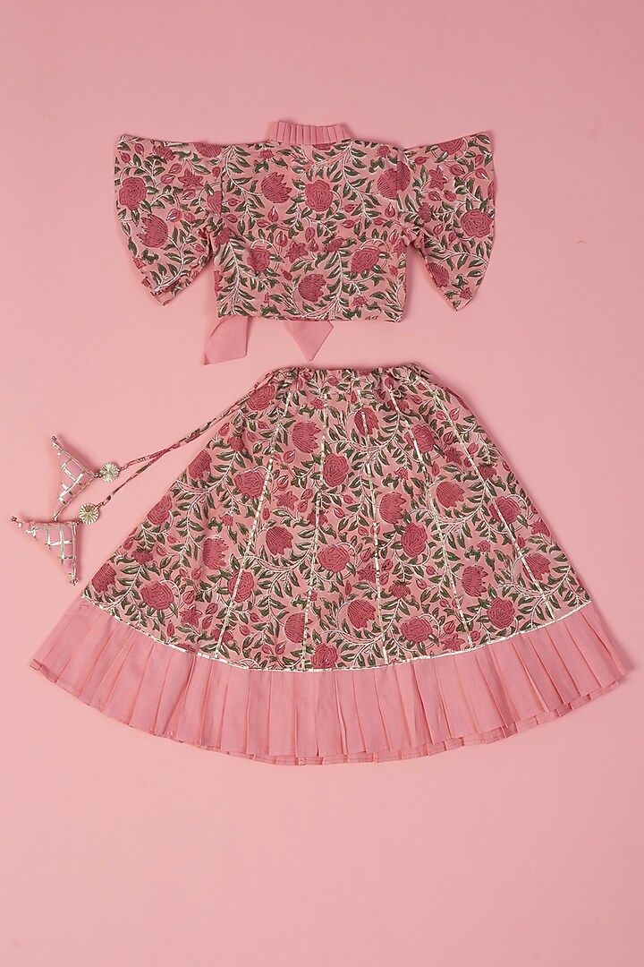 Pink Cotton Hand Block Printed Skirt Set For Girls by Laado at Pernia's Pop Up Shop