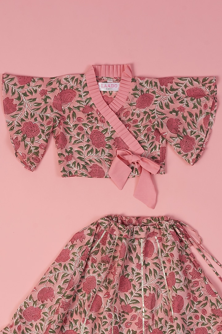 Pink Cotton Hand Block Printed Skirt Set For Girls by Laado at Pernia's Pop Up Shop