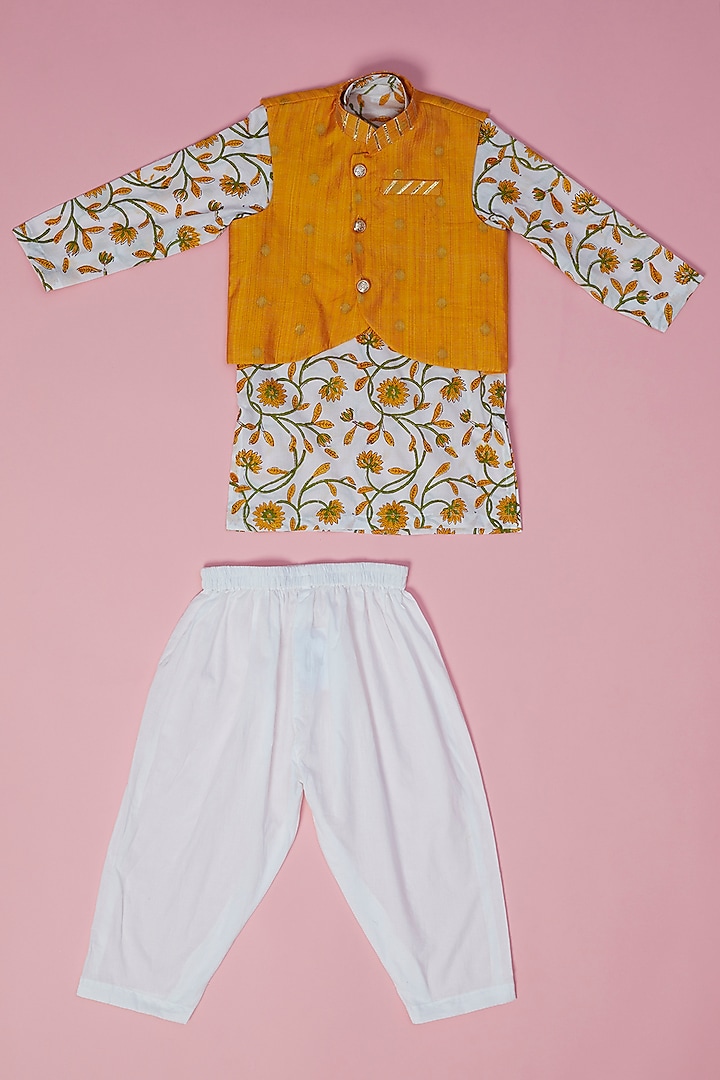 Yellow Floral Printed Kurta Set with Bundi Jacket For Boys by Laado