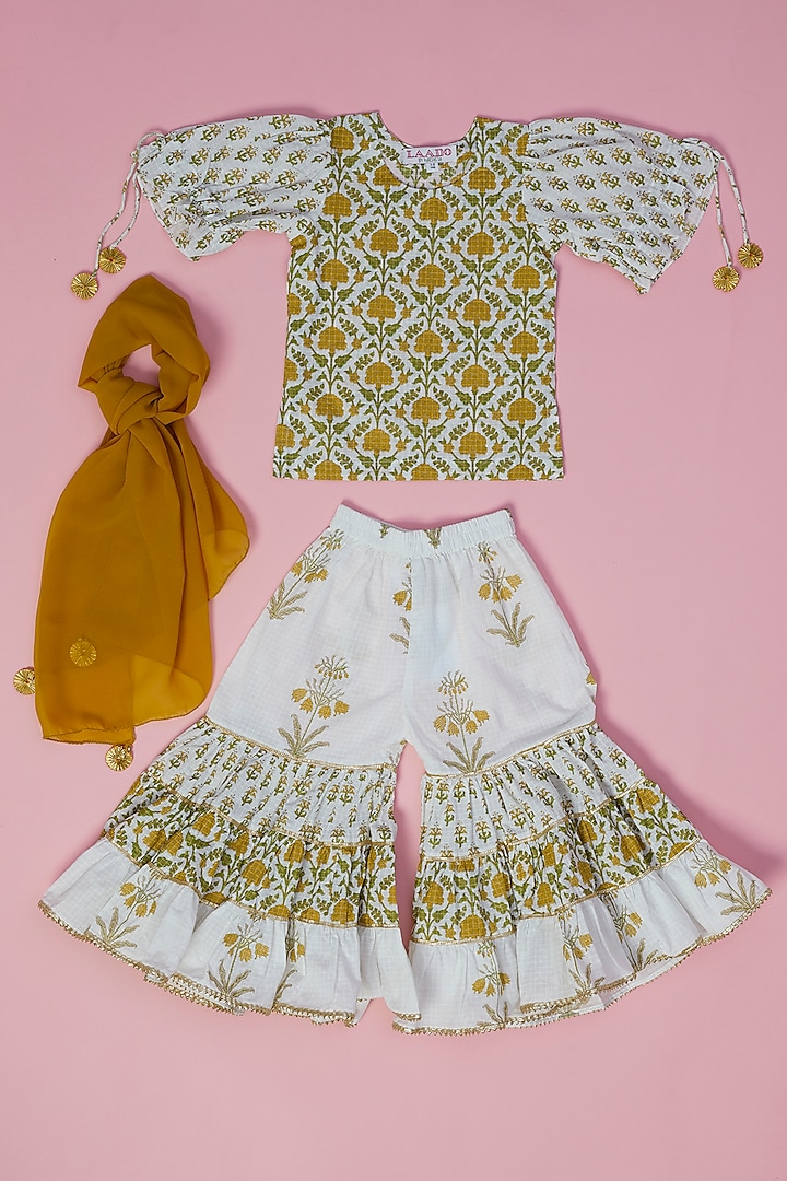 Mustard Georgette Printed Sharara Set For Girls by Laado at Pernia's Pop Up Shop