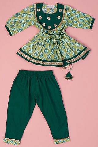 Green Cotton Hand Block Printed Angrakha Kurta Set For Girls by Laado