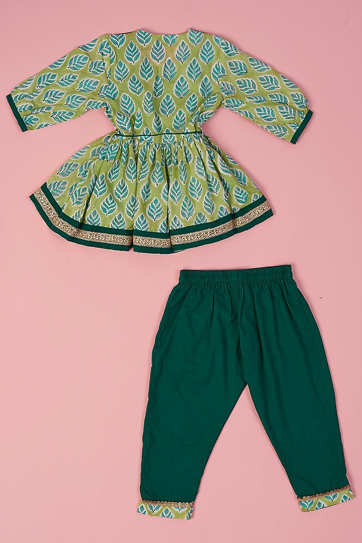 Green Cotton Hand Block Printed Angrakha Kurta Set For Girls by Laado at Pernia's Pop Up Shop