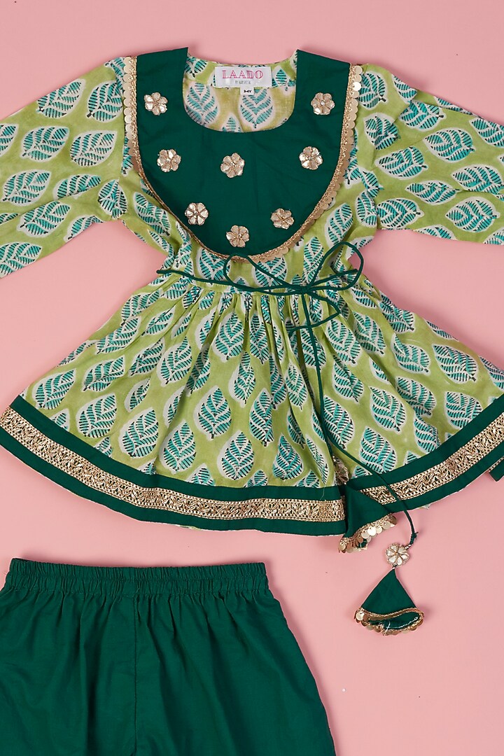 Green Cotton Hand Block Printed Angrakha Kurta Set For Girls by Laado at Pernia's Pop Up Shop