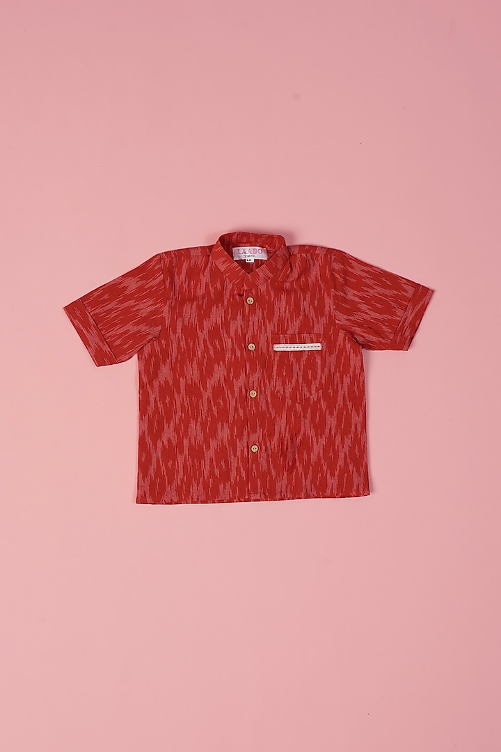 Red Cotton Ikat Printed Shirt For Boys by Laado