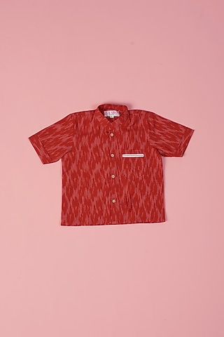 Red Cotton Ikat Printed Shirt For Boys by Laado