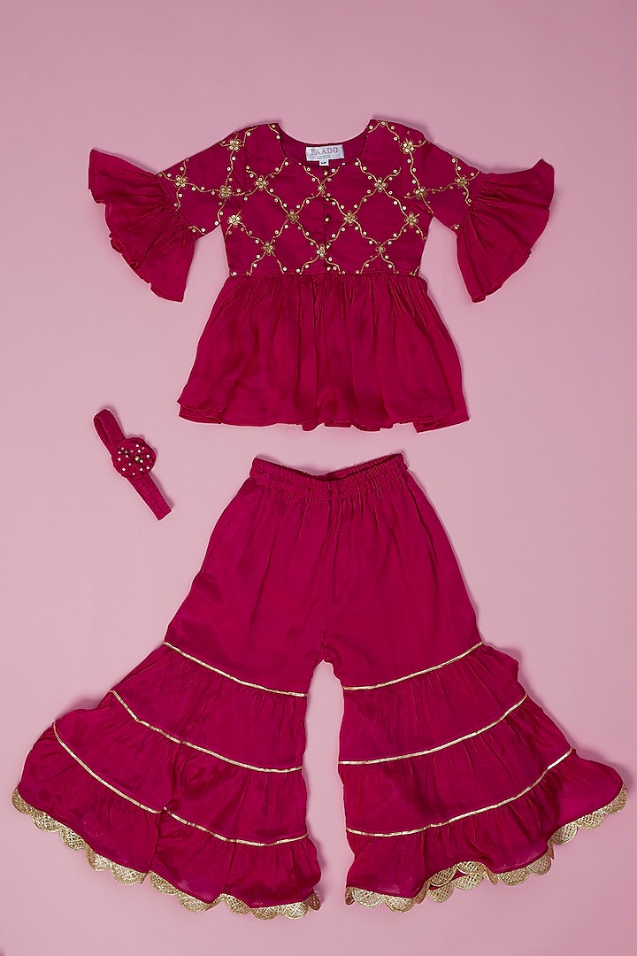 Rani Pink Embroidered Tiered Sharara Set For Girls by Laado