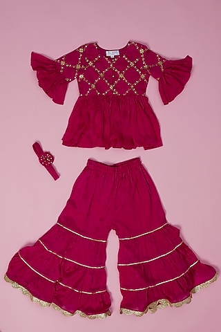 Rani Pink Chinon Silk Cutwork Tiered Sharara Set For Girls by Laado
