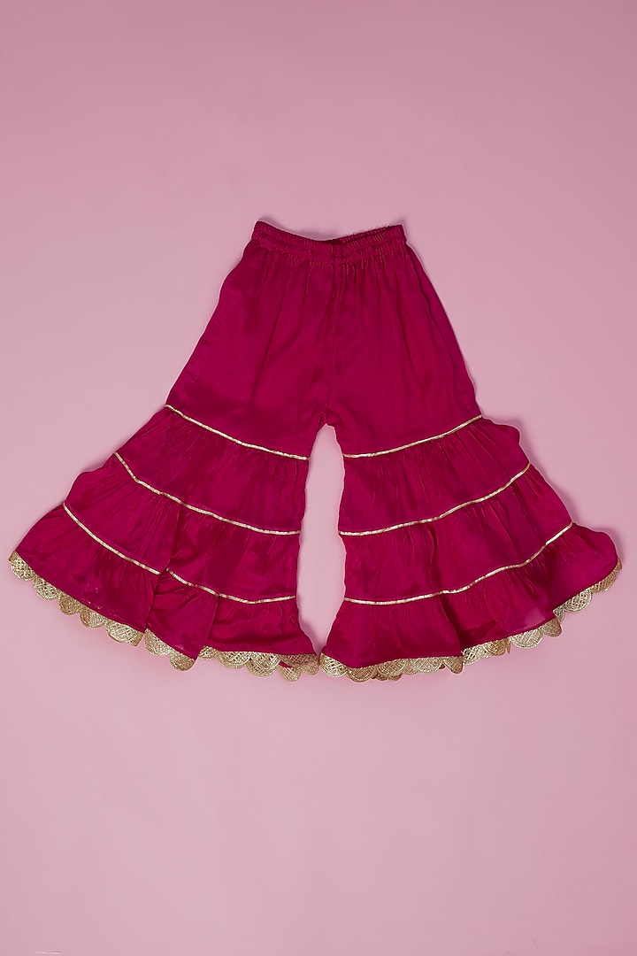 Rani Pink Chinon Silk Cutwork Tiered Sharara Set For Girls by Laado at Pernia's Pop Up Shop