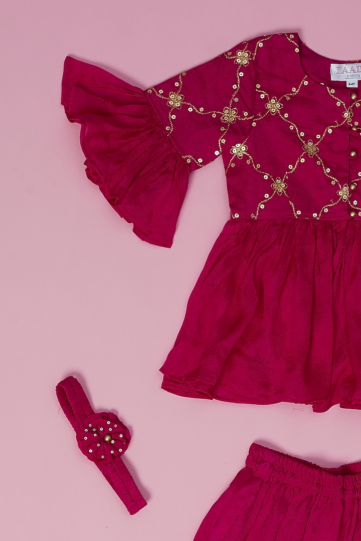 Rani Pink Chinon Silk Cutwork Tiered Sharara Set For Girls by Laado at Pernia's Pop Up Shop