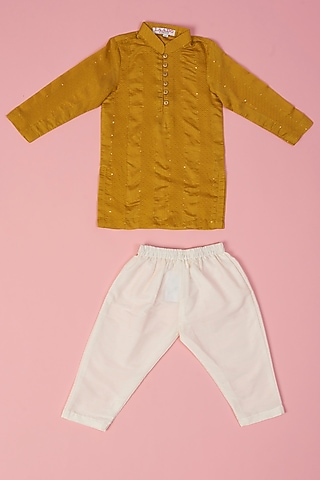 Mustard Yellow Chanderi Kurta Set by Laado
