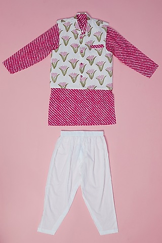 Pink Cotton Leheriya Printed Bundi Jacket Set by Laado