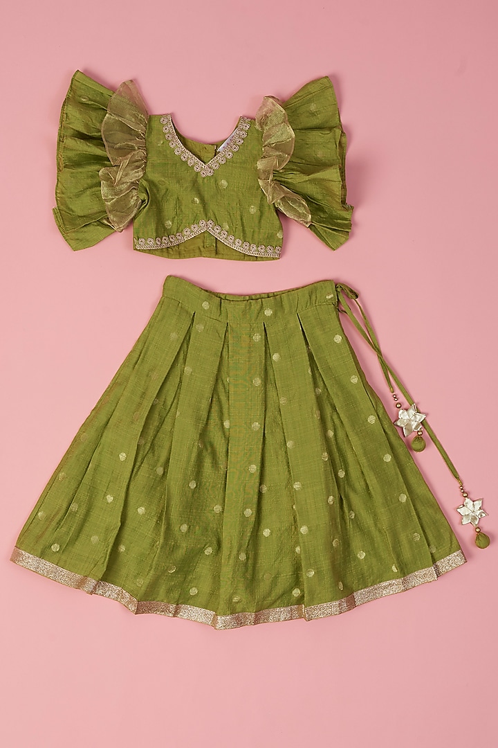 Green Polka Printed Skirt Set For Girls by Laado
