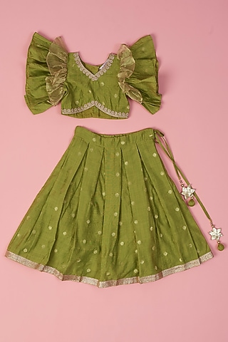 Green Silk Weave Polka Printed Skirt Set by Laado