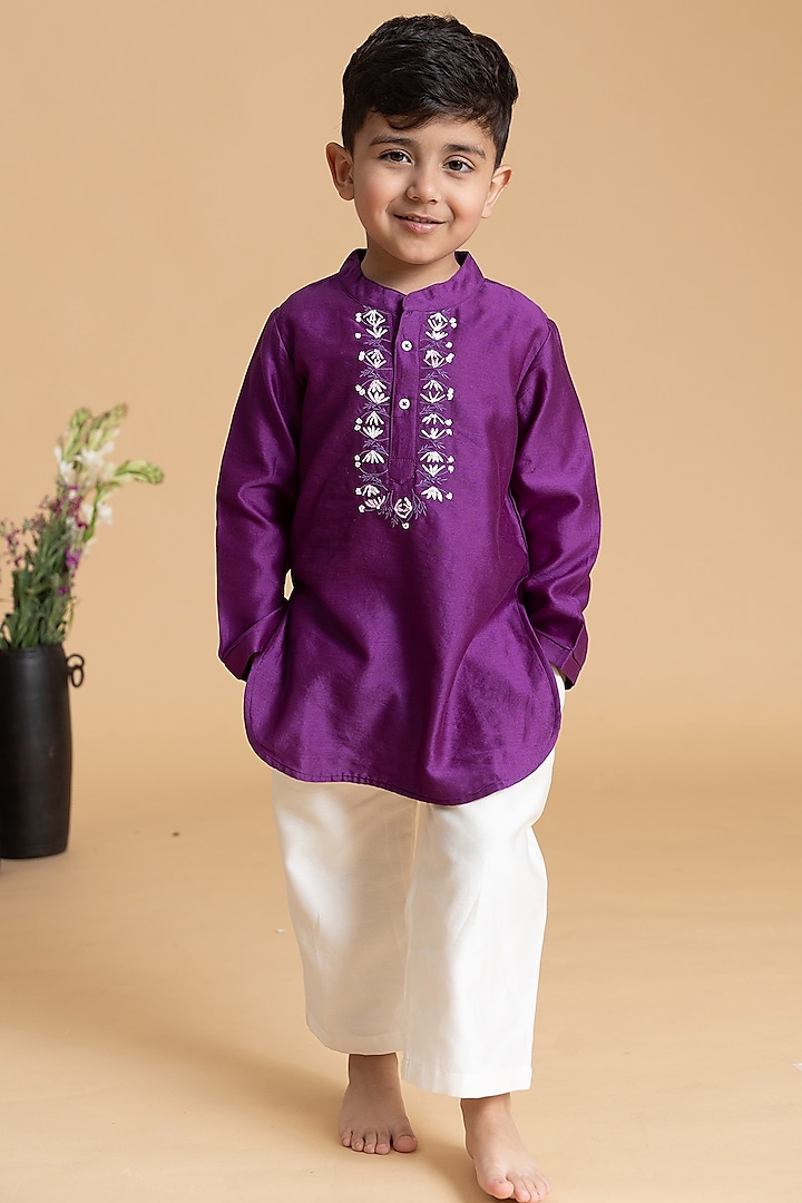 Japanese Violet Silk Chanderi Hand Embroidered Kurta Set For Boys by LAAD In Every Touch