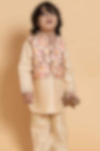 Almond Blush Silk Chanderi Printed & Hand Embroidered Jacket Set For Boys by LAAD In Every Touch