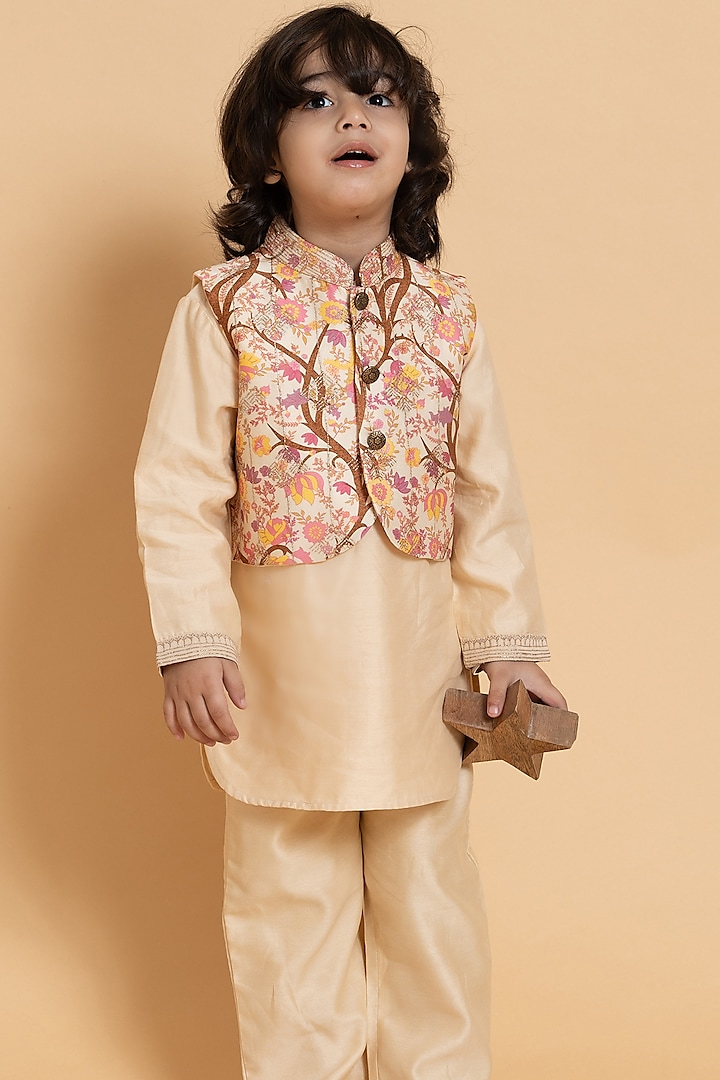 Almond Blush Silk Chanderi Printed & Hand Embroidered Jacket Set For Boys by LAAD In Every Touch at Pernia's Pop Up Shop