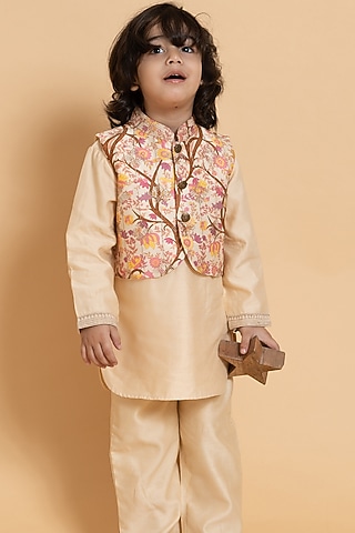Almond Blush Silk Chanderi Printed & Hand Embroidered Jacket Set For Boys by LAAD In Every Touch