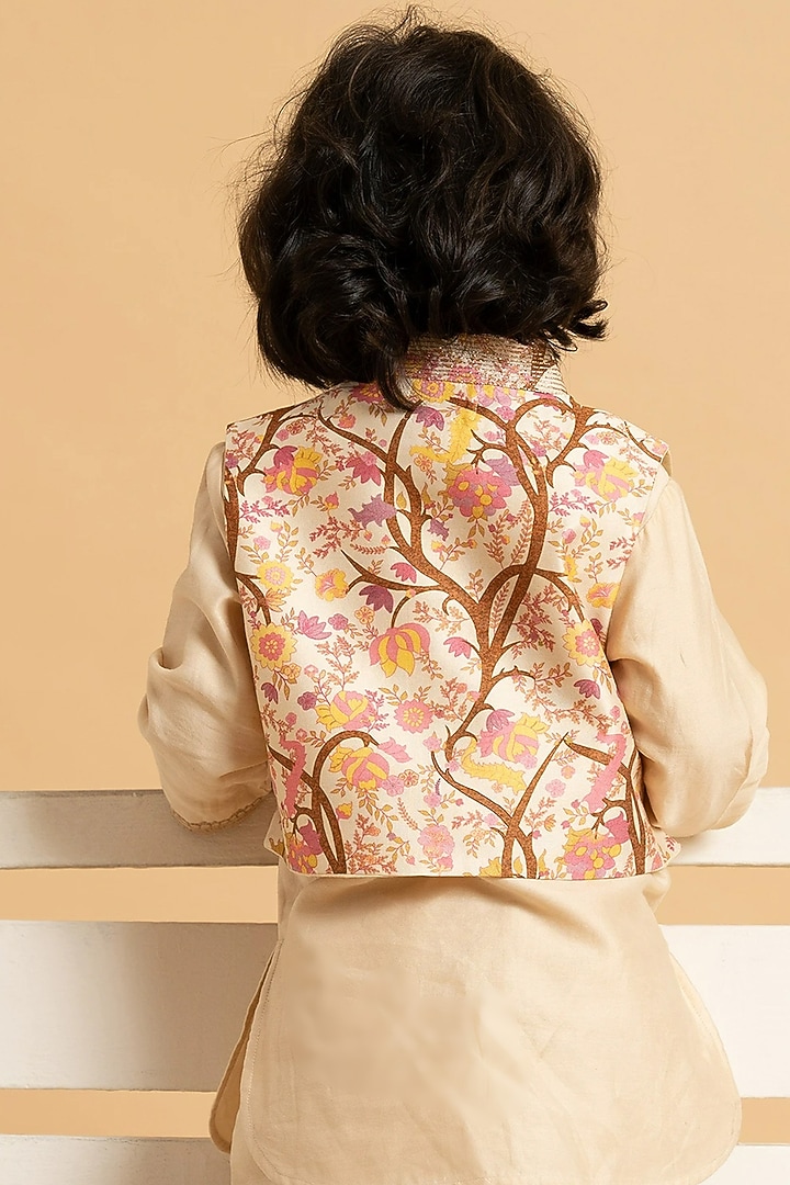 Almond Blush Silk Chanderi Printed & Hand Embroidered Jacket Set For Boys by LAAD In Every Touch at Pernia's Pop Up Shop