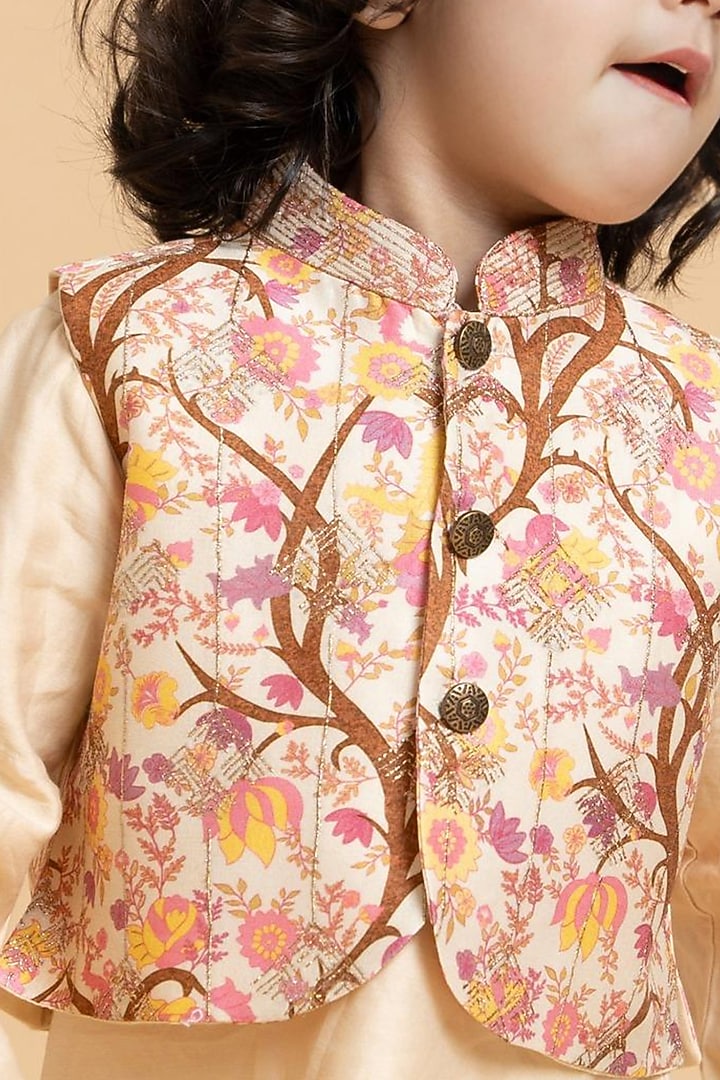 Almond Blush Silk Chanderi Printed & Hand Embroidered Jacket Set For Boys by LAAD In Every Touch at Pernia's Pop Up Shop