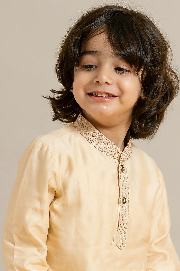Almond Blush Silk Chanderi Printed & Hand Embroidered Jacket Set For Boys by LAAD In Every Touch at Pernia's Pop Up Shop