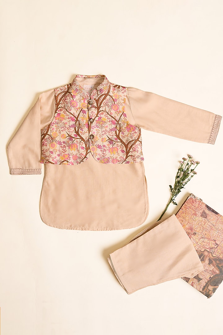 Almond Blush Silk Chanderi Printed & Hand Embroidered Jacket Set For Boys by LAAD In Every Touch at Pernia's Pop Up Shop