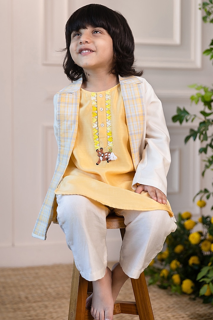 Ivory Silk Chanderi Embroidered Jacket Set For Boys by LAAD In Every Touch