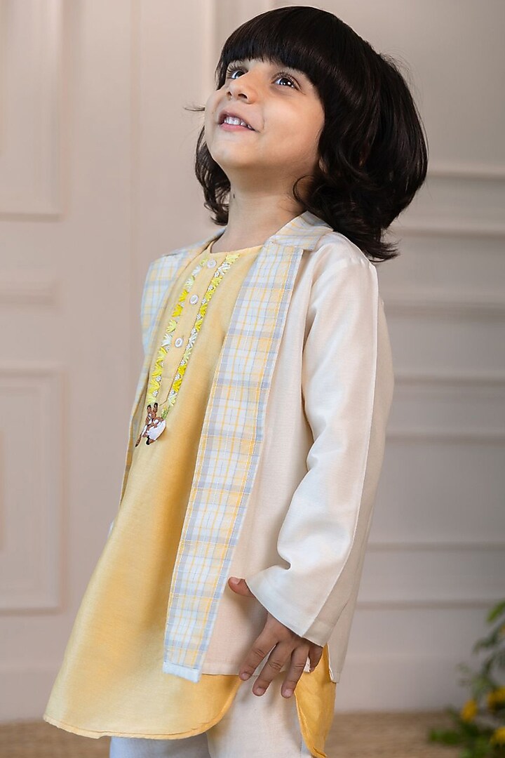Ivory Silk Chanderi Embroidered Jacket Set For Boys by LAAD In Every Touch at Pernia's Pop Up Shop