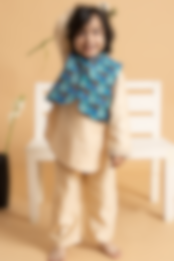 Azure Blue & Coffee Brown Silk Chanderi Embroidered Waistcoat Set For Boys by LAAD In Every Touch