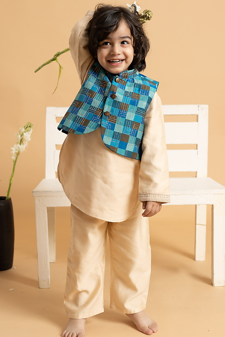 Azure Blue & Coffee Brown Silk Chanderi Embroidered Waistcoat Set For Boys by LAAD In Every Touch at Pernia's Pop Up Shop