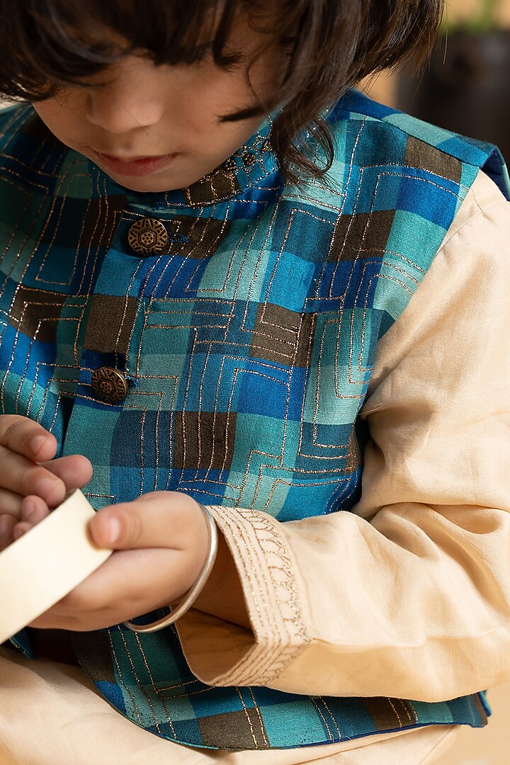 Azure Blue & Coffee Brown Silk Chanderi Embroidered Waistcoat Set For Boys by LAAD In Every Touch at Pernia's Pop Up Shop