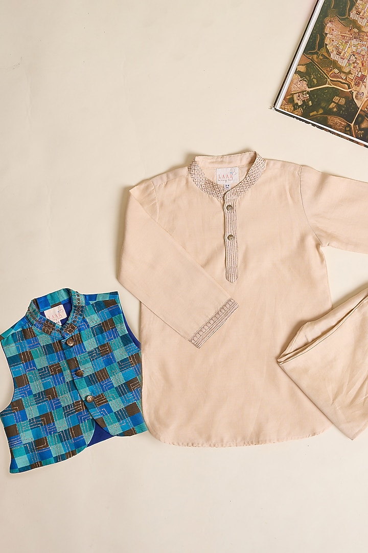 Azure Blue & Coffee Brown Silk Chanderi Embroidered Waistcoat Set For Boys by LAAD In Every Touch at Pernia's Pop Up Shop
