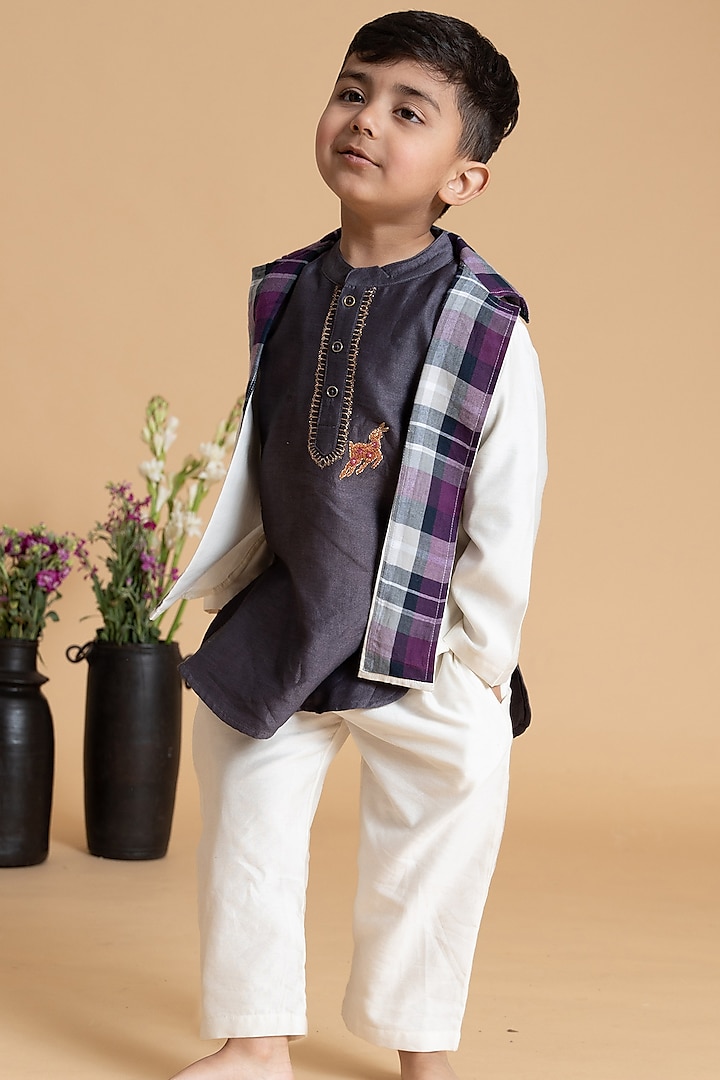 Vintage Grape Silk Chanderi Embroidered Jacket Set For Boys by LAAD In Every Touch