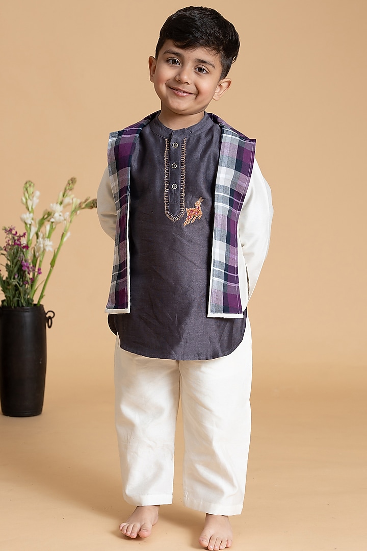Vintage Grape Silk Chanderi Embroidered Jacket Set For Boys by LAAD In Every Touch at Pernia's Pop Up Shop