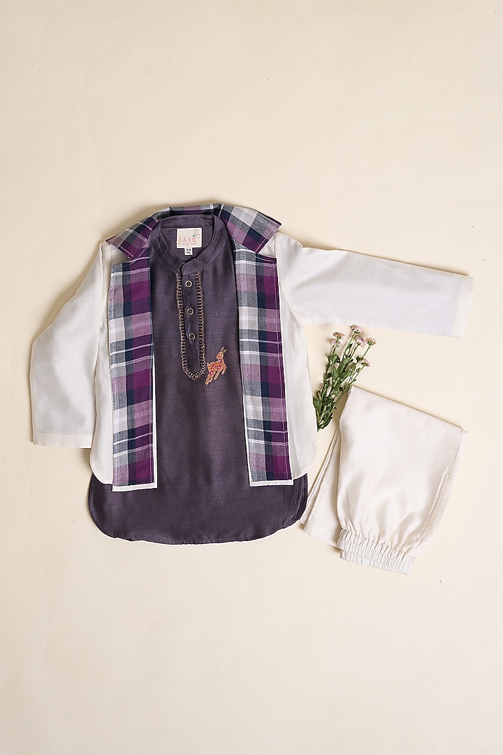 Vintage Grape Silk Chanderi Embroidered Jacket Set For Boys by LAAD In Every Touch at Pernia's Pop Up Shop