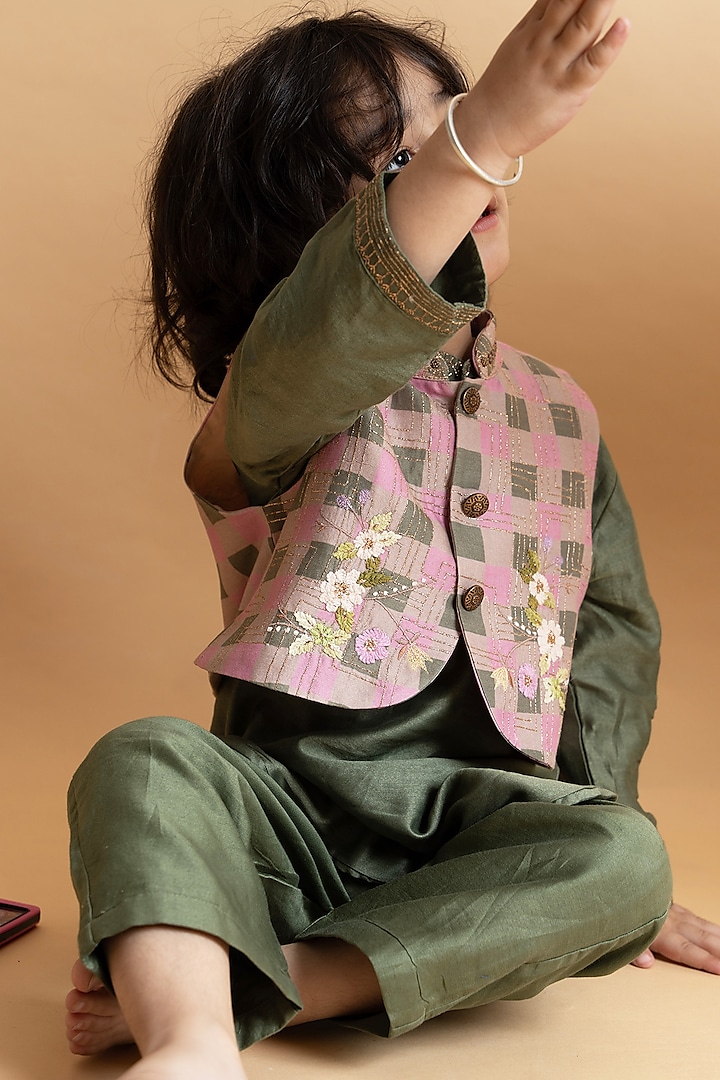 Moss Green & Rose Pink Silk Chanderi Embroidered Waistcoat Set For Boys by LAAD In Every Touch